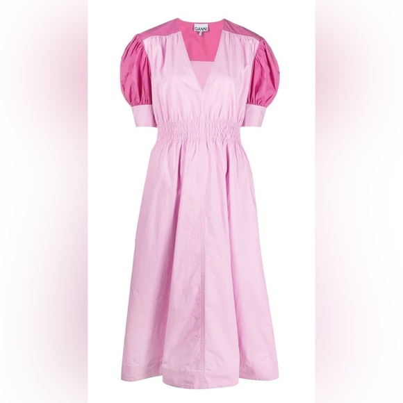 Ganni V-neck puff shoulder color block midi dress in Phlox pink. - Picture 3 of 12